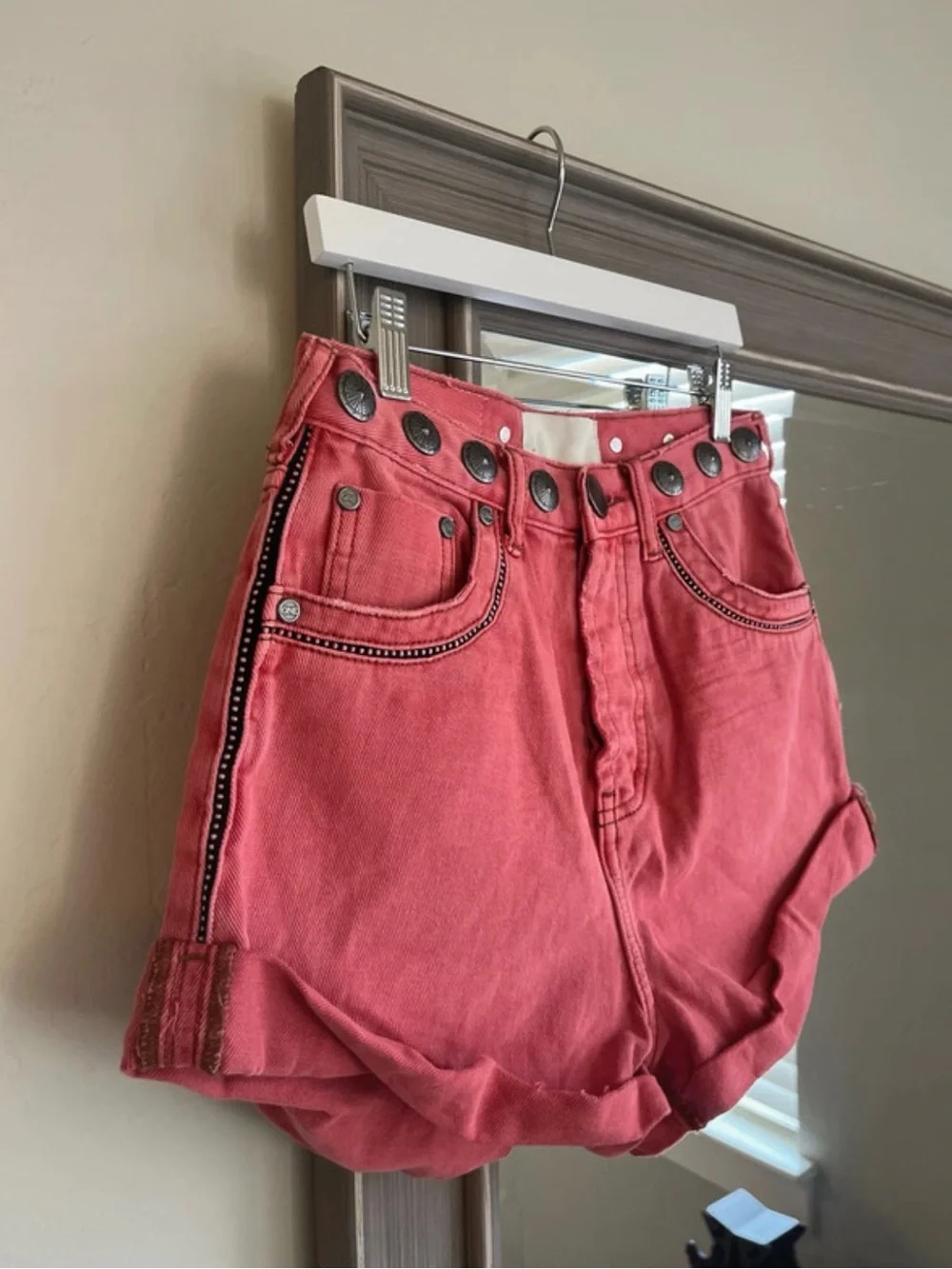 One Teaspoon High-Rise Coral Denim Jeans with Decorative Buttons
